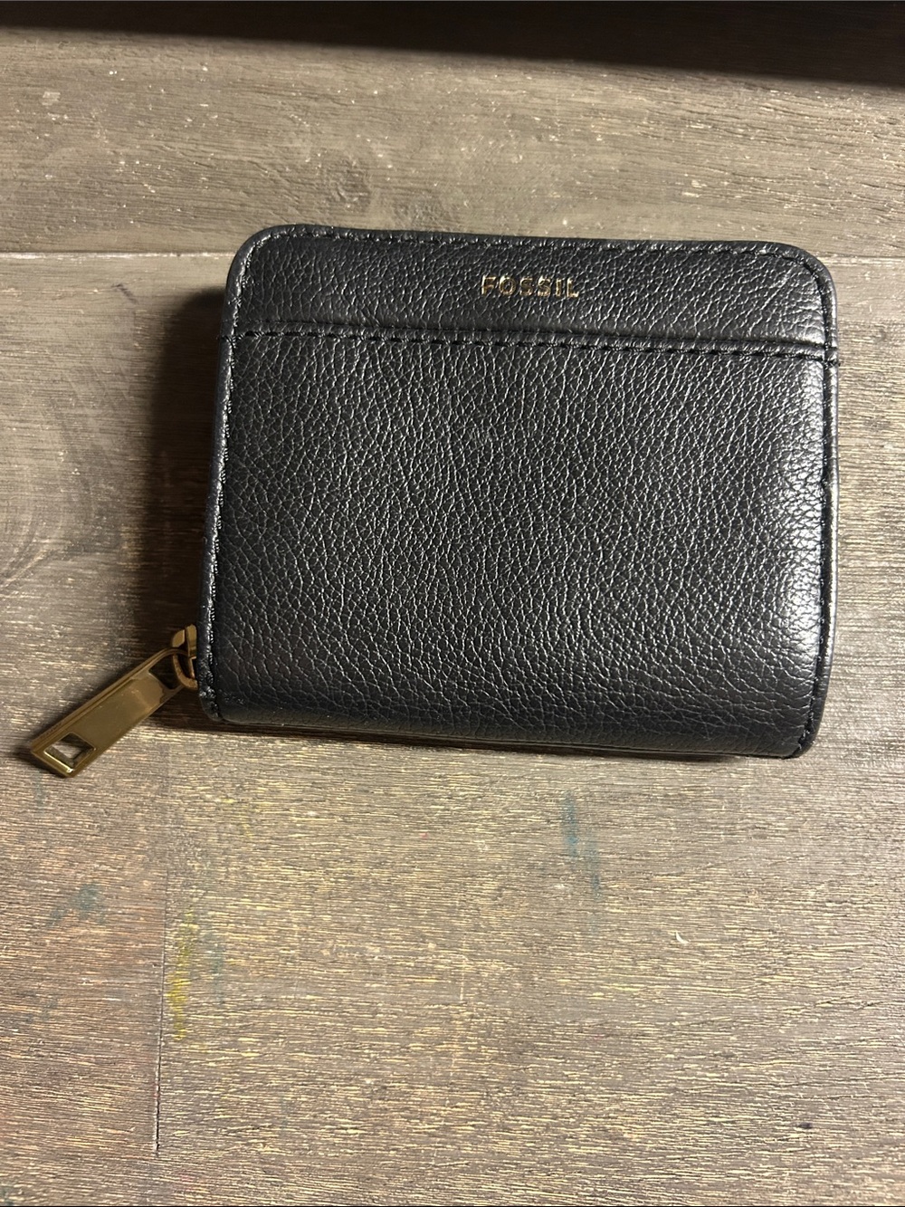Fossil Black Pebbled Leather Wallet with Gold Hardware